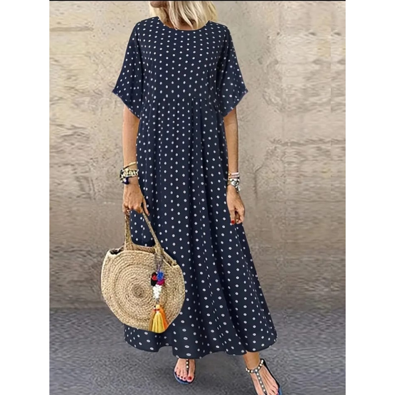 VESTIDO AZUL MARINO CON CÍRCULOS BLANCOS